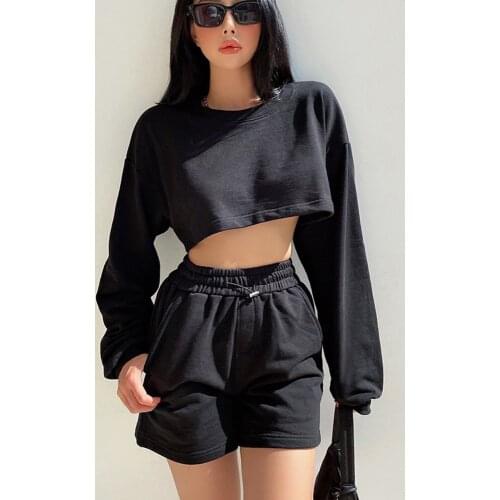 WOMENGAGA Hot Girl High Waist Navel Short Sweatshirt Hoodie Two Piece Suit Womens Workout Sports Straight Shorts Kroean 4HSY