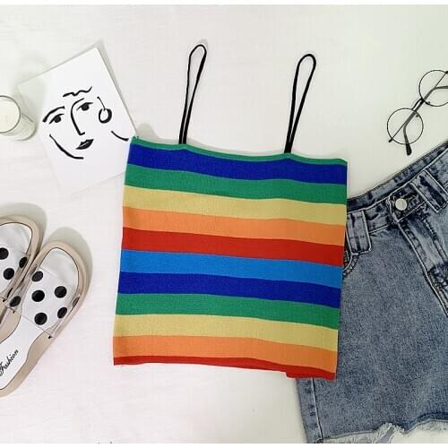 Summer Women Knitting color Striped Tank Crop Tops Girls Knitwear Camisole Sleeveless Tee shirts Camis With Spaghetti Straps