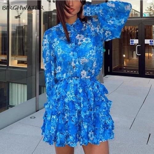 Womens Suit Autumn New Long Sleeve Printed Ruffle Tops+Skirts 2 Piece Set 2021 Fashion Casual party Outfit