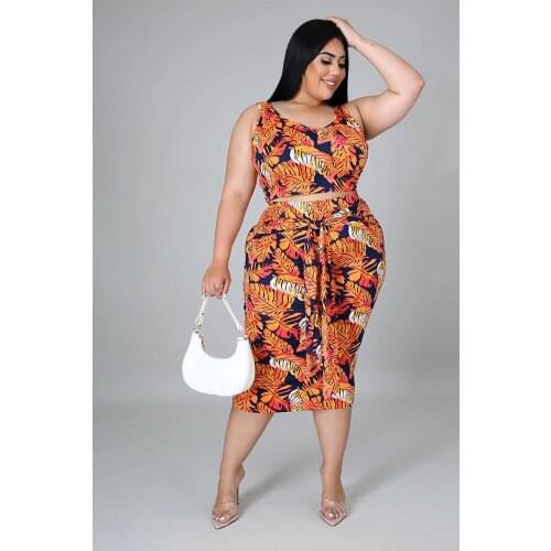 Plus Size Womens Summer 4xl New Fashion Two-piece Suit Leaf Print Vest Bandage Elegant Midi Skirt Suits Wholesale Dropshipping