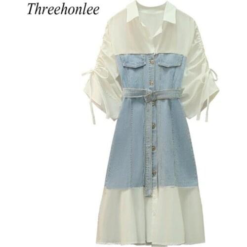 Plus Size Womens Denim Dress 2021 Summer Fashion New Temperament Stitching Shirt Dress High Waist Show Thin Denim Dress