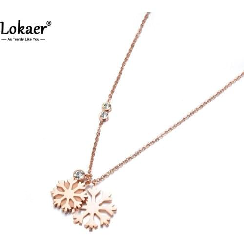 Lokaer Trendy Double Snowflakes & Cubic Zirconia Pendant Necklaces Jewelry Titanium Steel Chokers Necklace For Women N18008