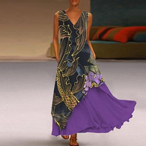 Summer Retro Pattern Printed Fake Two Piece Dress Women Spring V Neck Patchwork Ruffle Dresses Lady Sleeveless Pocket Maxi Dress