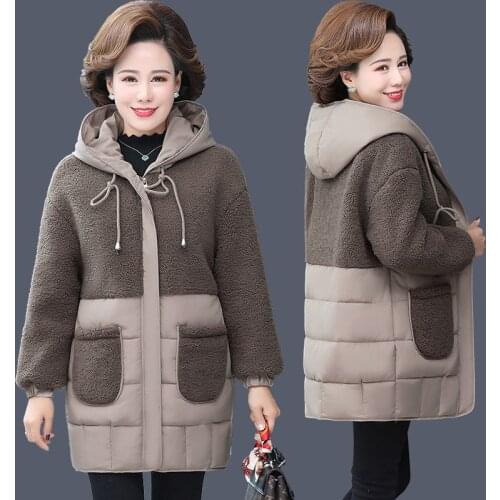 Lamb wool Stitching Middle-aged mothers Winter Jacket plus size 4XL Loose Cotton Padded Long Coat Hooded Loose Outwear Parkas