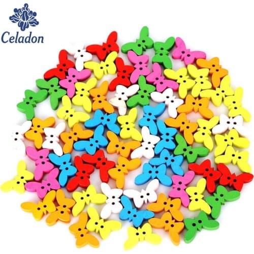 100pcs 19x11mm Mix Colors Butterfly Wood Flatback DIY Wooden Buttons Sewing Craft Scrapbooking