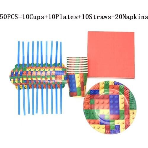 50/80Pcs Building Block Birthday Party Decorations Kids Boy Disposable Party Supplies Plates Cups Straws Napkins Happy Birthday