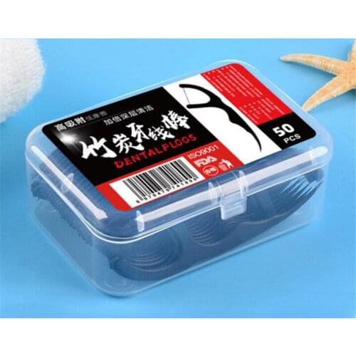 50Pcs Bamboo Charcoal Dental Floss Stick Cleaning Tooth Stick Toothpick Dental Floss Stick 2 in one Oral Care Tool