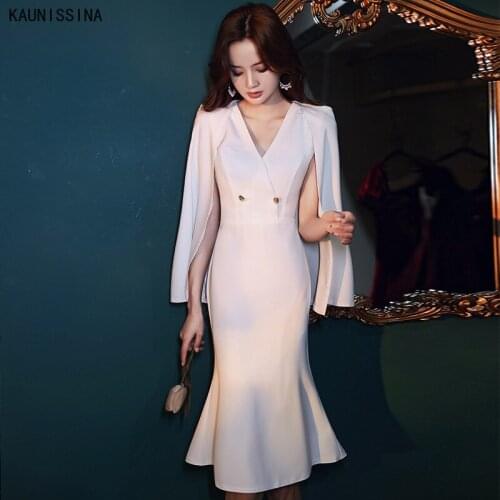 KAUNISSINA White Cocktail Dresses V-Neck Mermaid Party Gown Women Elegant Knee-Length Plus Size Prom Dress Vestidos