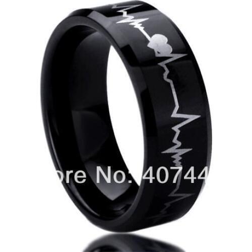 Free Shipping YGK JEWELRY Hot Sales 8MM Beveled Black Forever Love Heartbeat Mens Tungsten Carbide Wedding Ring