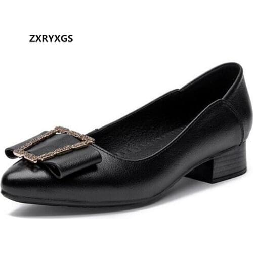 Best Sale 2021 New Pointed Exquisite Bow Genuine Leather Shoes Soft Sole Thick Heel Comfort Fashion Shoes Low Heel Women Shoes