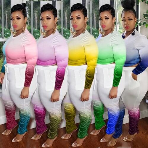 INS Hottest Women Stacked Pants Two Piece Sets With Gradient Color Lady Big Size O-neck Short Tees High Waist Trousers Outfits