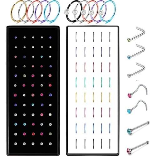 40/60Piece Stainless Steel Nose Stud Set Crystal Nostril Piercing Hoop Bulk L Shape Nose Ring Pack Piercing Nariz Body Jewelry