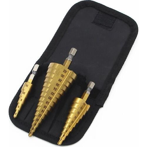 Nylon bag packing 3pcs HSS Step Drill Bits1/4 Hex Shank 4mm to 12mm20mm32mm wood metalwoking Drill Bits Tool Set Hole Cutter