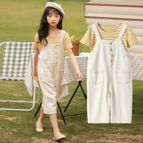New Arrival 2020 Summer Girls Clothing Set Stripe Shirt and Overalls Pants Set Fashion Kids Two Piece Set for Girls, #8372