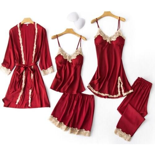 Pajamas Set Womens V-Neck Cami Pijama 5PCS Sexy Nightgown Kimono Robe Gown Lady Sleep Suit Sleepwear Wear Home Nighties Clothes