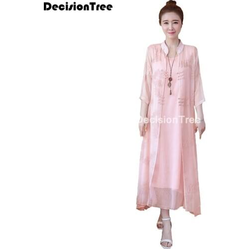 2021 chinese dress qipao suit cotton linen cheongsam two piece midi dresses vestidos casual embroidery cardigan + dress robe