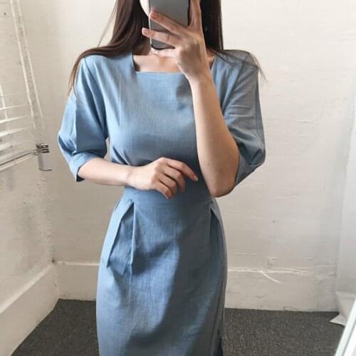 Summer Fashion Women Korean Chic Square Collar Puff Sleeve Dress Elegant Female Vintage Lace-up Mid-calf High Waist Split Dress