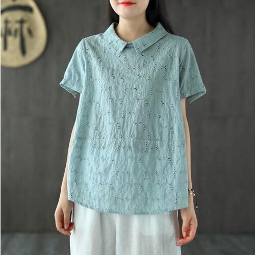 QPFJQD Summer Vintage Ladies Hollow Embroidery Shirt And Blouse 2021 Simple Short Sleeve Casual Women Tops Peter Pan Collar