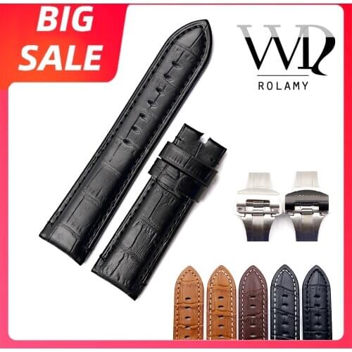 Rolamy 22 24mm Luxury Leather VINTAGE Black Real Calf Crocodile Grain Thick Wrist Watch Band Belt Silver Black Clasp For Panerai