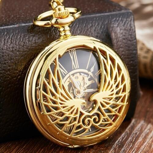 Luxury Golden Love Wing Mechanical Pocket Watch Fob Chain Unique Hollow Design Skeleton Double Side Hand Wind Mechanical Watch