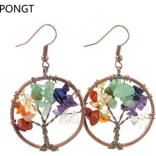 Chakra Tree of Life Natural stone Chip drop earrings for women Handmade copper Wire Wrapped crystal earrings fashion jewelry