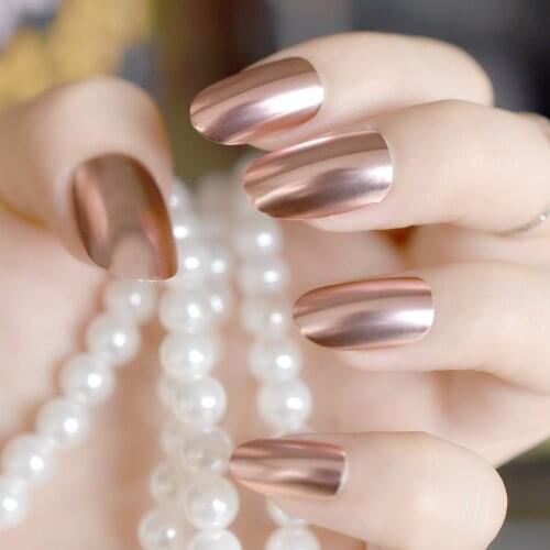 Medium Almond Electroplate Chrome Fake Nails Gel Tips Decoration Nails Stick On Nails Flase Nail Optional Clean Gray Smooth