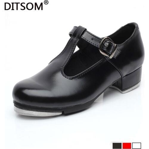 T Shaped Tap Dance Shoes For Girls Women Low Heel Patent Leather Black Jazz Step Dance Shoes Clogging Shoes Size 26-42