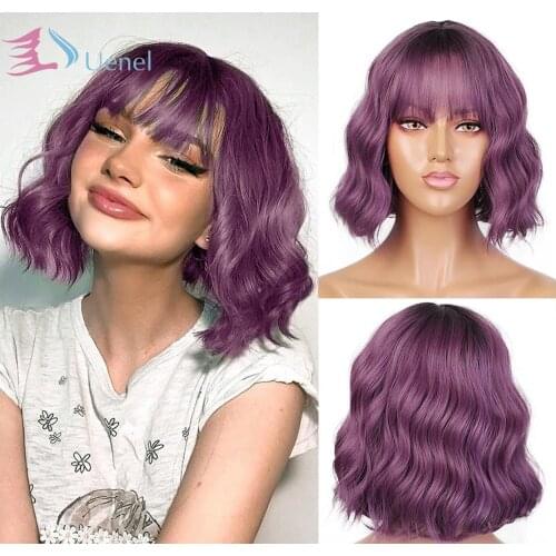 Uenel Black Ombre Purple Wigs for Women Purple Curly Wigs with Bangs Synthetic Hair Afro Wigs Violet Wigs Banged Wig