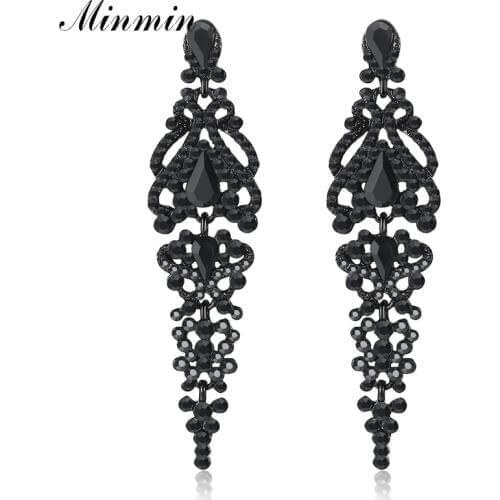 Minmin Vintage Black Crystal Big Long Drop Earrings for Women Statement Large Hanging Dangle Earrings for Party 2020 EH291