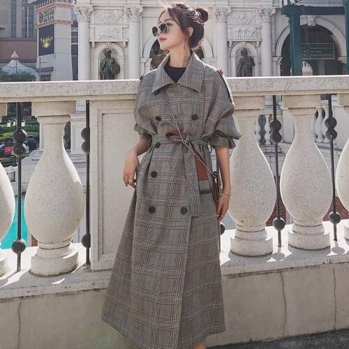 Womens Long Plaid 2021 Aautumn New Cape Jacket Windbreaker Coat Double-Breasted Waist Korean Loose Lapel Casual Retro