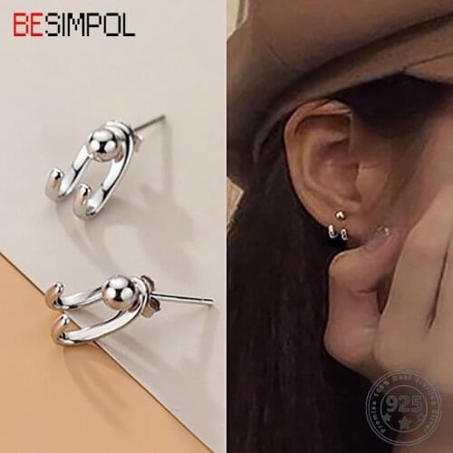 Besimpol Real 925 Silver Stud Earrings Individual Cool Party Club Earrings For Women Rear-hanging Ear Studs Simple Fine Jewelry