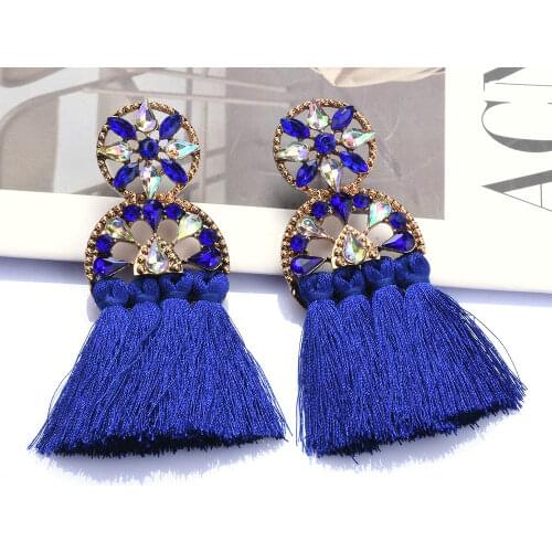 Blue Crystal Flower Red Rope Fringe Chunky Tassel Earrings Ethnic Style Large Drop Earrings Women Jewelry