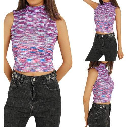 Women Knit Tank Tops Adults Summer Sleeveless Color Block High Collar Pullover (Pink)