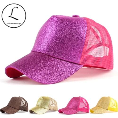 Women ponytail baseball cap ladies glitter washed cotton trucker cap casual summer stretch cap glitter baseball cap adjustable
