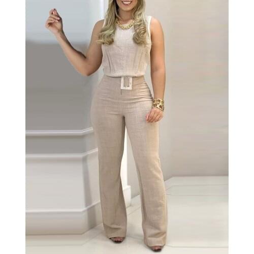 Women Fashion Sleeveless Plain Crop Top Sexy High Waist Skinny Bodycon Long Trousers Two Pieces Suit Flare Pants Set With Belt