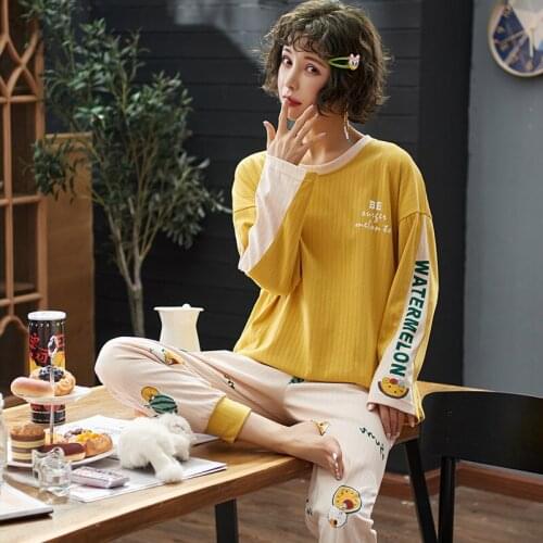 Plus Size "M-4XL" Womens Homedress Pajamas Sets Long Sleeve Full Trousers Nightgown Round Neck Sleepwear Cotton Home Clothing