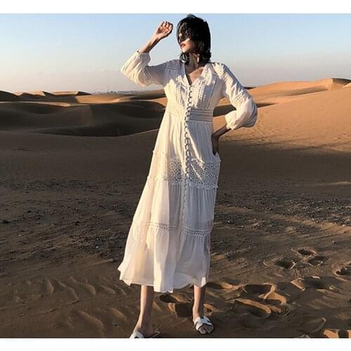 White Beach Dresses 2020 Bohemian Dress For Women Hollow Out Vintage V-Neck Long Maxi Boho Chic Dress Summer Vestido DD2518