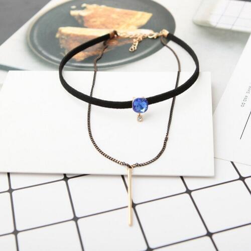 Punk Fashion 2020 New Necklace Double Blue Crystal Clavicle Chain Tassel Leather Chain Lady Wholesale Necklace