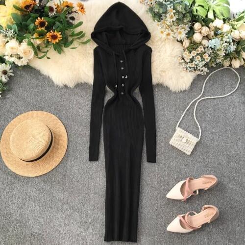 2019 Real Vestidos Mujer Vestido De Festa New Womens Knit Dress Fashion Hooded Single Breasted Slim Long Sleeve Bag Hip Woman