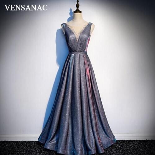 VENSANAC Illusion Crystal O Neck A Line Long Evening Dresses Elegant Sash Backless Sequined Party Prom Gowns