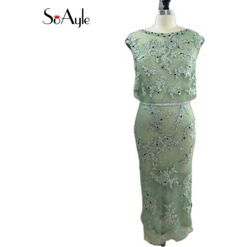 SoAyle Real Picture Vestidos de festa Skinny Tea Length Lace Beading Mint Prom Dress Womens Sexy Transparent Formal Dresses
