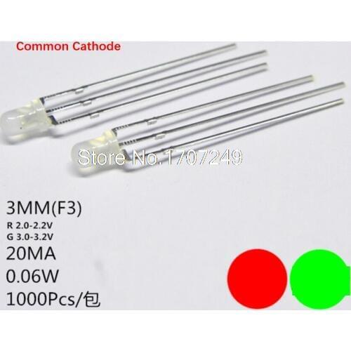 1000pcs LED 3mm Diffused Common Cathode Green And Red 3 Pin Round 3 mm Bi-Color LED Through Hole Light-Emitting Diode