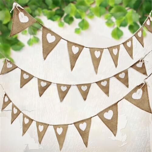 13 Flags Love Heart Rustic Hessian Jute Linen Bunting Flags Wedding Decoration Burlap Lace Pennant Party Decoration Supplies