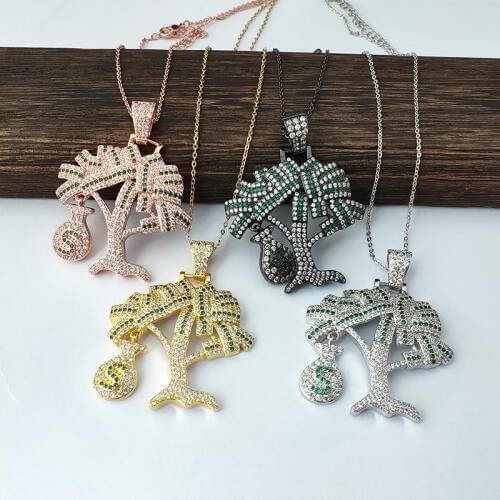 4 pcs New Fashion Rainbow cz paved money tree pendant charms with link chain Necklaces jewelry NK449
