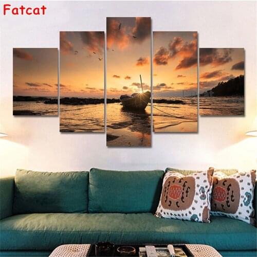 5d diamond painting Natural scenery, sunset sea boat diamond painting cross stitch mosaic embroidery diamond round/square PP2221