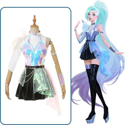 Anime LOL KDA Seraphine All Out More 2020 Dresses Skirt Outfits+Earring Stage Women Cosplay Costume Halloween Free Shipping New