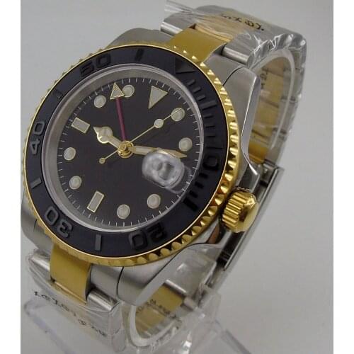 40MM Black Sterile Dial Sapphire Glass Yellow Gold Plated GMT Ceramic Bezel Date Glass Case Back Automatic Mens Wristwatch