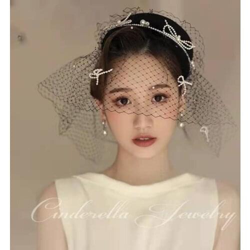 Pearls Felt Hat Topper Black Mesh Fishnet Veil Elegant Pearls Bow Knot for Bridal Birdcage Hair Jewelry Accessory 2021