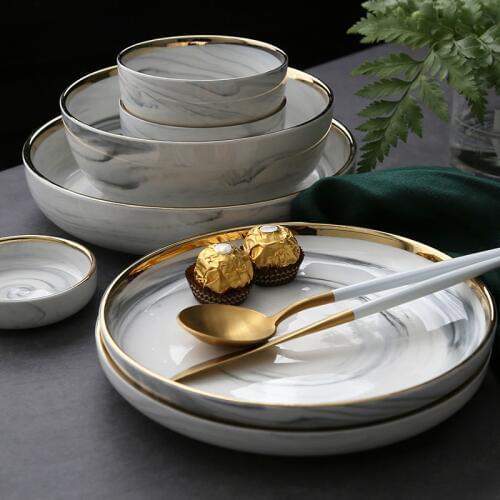 Ceramic Plate Soup Bowl with Golden Rim 7 8 9 Inch Home Dish Tableware European Style Design