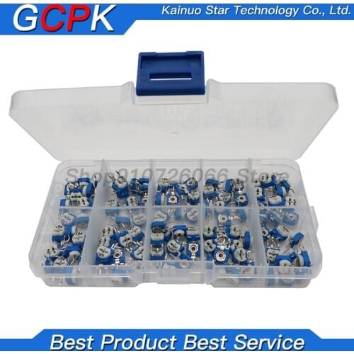 100PCS/LOT RM063 Vertical Adjustable Resistor Kit In Box 500 ohm-1M ohm 10 Values *10PCS Multiturn Trimmer Potentiometer Set